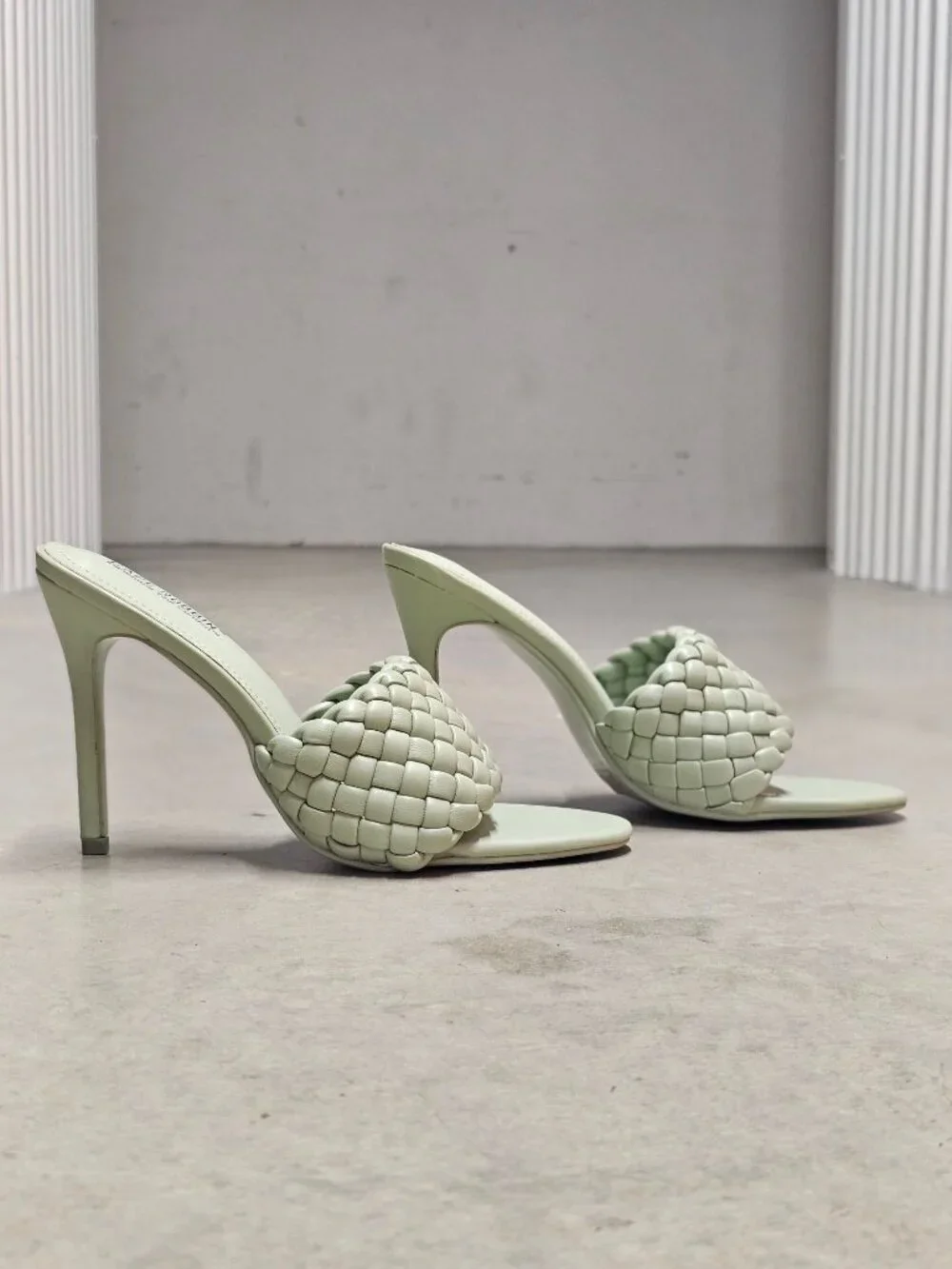 Woven Sage Green High Heel Mules With Padded Straps - Elegant Slip-On Design For